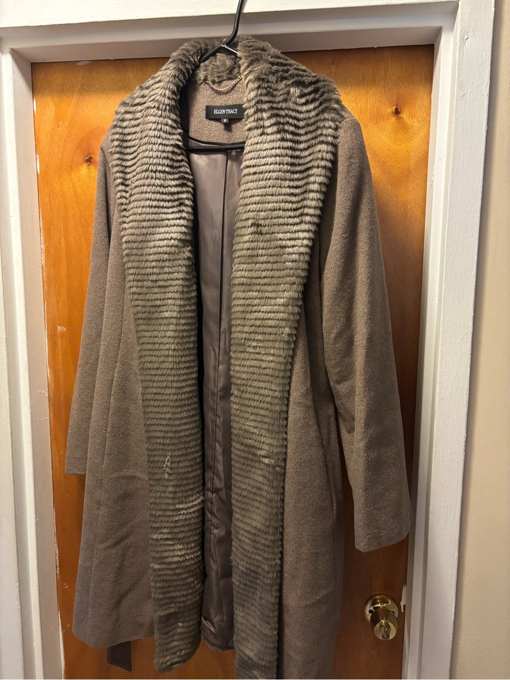 Ellen Tracy Taupe Coat with Faux-Fur Ribbed Collar